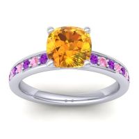 Citrine Ring In 14k White Gold With Amethyst And Pink Tourmaline Asada-Cushion Cushion Classic Ring