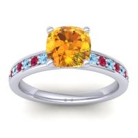 Citrine Ring In 14k White Gold With Aquamarine And Ruby Asada-Cushion Cushion Classic Ring
