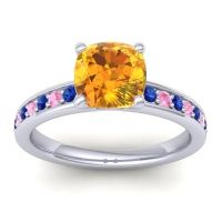 Citrine Ring In 14k White Gold With Blue Sapphire And Pink Tourmaline Asada-Cushion Cushion Classic Ring