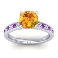 Citrine Ring In 14k White Gold With Lab Diamond And Amethyst Asada-Cushion Cushion Classic Ring