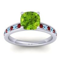 Peridot Ring In 14k White Gold With Garnet And Aquamarine Asada-Cushion Cushion Classic Ring