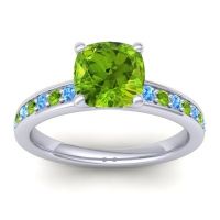 Peridot Ring In 14k White Gold With Swiss Blue Topaz Asada-Cushion Cushion Classic Ring