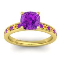 Amethyst Ring In 14k Yellow Gold With Citrine Asada-Cushion Cushion Classic Ring
