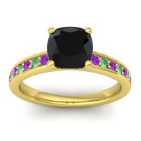 Black Onyx Ring In 14k Yellow Gold With Amethyst And Emerald Asada-Cushion Cushion Classic Ring