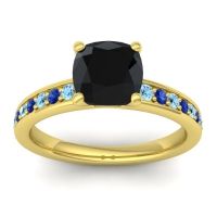 Black Onyx Ring In 14k Yellow Gold With Aquamarine And Blue Sapphire Asada-Cushion Cushion Classic Ring