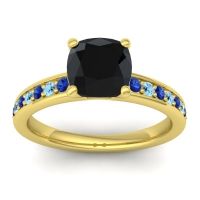 Black Onyx Ring In 14k Yellow Gold With Blue Sapphire And Aquamarine Asada-Cushion Cushion Classic Ring