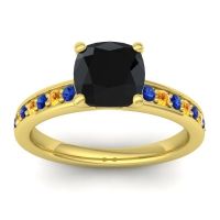 Black Onyx Ring In 14k Yellow Gold With Blue Sapphire And Citrine Asada-Cushion Cushion Classic Ring
