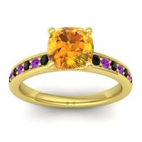Citrine Ring In 14k Yellow Gold With Black Onyx And Amethyst Asada-Cushion Cushion Classic Ring