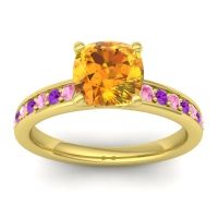Citrine Ring In 14k Yellow Gold With Pink Tourmaline And Amethyst Asada-Cushion Cushion Classic Ring