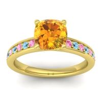 Citrine Ring In 14k Yellow Gold With Pink Tourmaline And Aquamarine Asada-Cushion Cushion Classic Ring