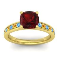 Garnet Ring In 14k Yellow Gold With Swiss Blue Topaz And Citrine Asada-Cushion Cushion Classic Ring
