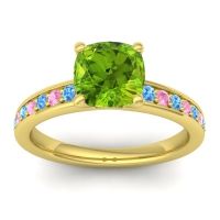 Peridot Ring In 14k Yellow Gold With Swiss Blue Topaz And Pink Tourmaline Asada-Cushion Cushion Classic Ring