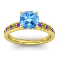 Swiss Blue Topaz Ring In 14k Yellow Gold With Amethyst And Peridot Asada-Cushion Cushion Classic Ring