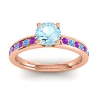 Aquamarine Ring In 18K Rose Gold With Amethyst And Swiss Blue Topaz Asada-Pave Round Classic Ring