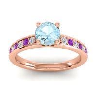 Aquamarine Ring In 14K Rose Gold With Lab Diamond And Amethyst Asada-Pave Round Classic Ring