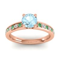 Aquamarine Ring In 14K Rose Gold With Emerald And Lab Diamond Asada-Pave Round Classic Ring