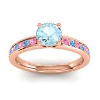 Aquamarine Ring In 14K Rose Gold With Pink Tourmaline And Swiss Blue Topaz Asada-Pave Round Classic Ring