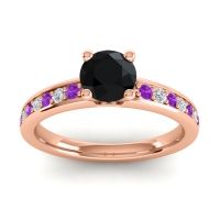 Black Onyx Ring In 18K Rose Gold With Amethyst And Lab Diamond Asada-Pave Round Classic Ring