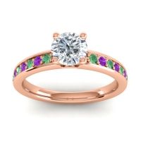 Lab Diamond Ring In 14K Rose Gold With Emerald And Amethyst Asada-Pave Round Classic Ring