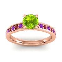 Peridot Ring In 18K Rose Gold With Amethyst And Ruby Asada-Pave Round Classic Ring