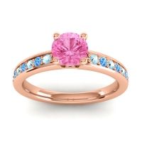 Pink Tourmaline Ring In 14K Rose Gold With Aquamarine And Swiss Blue Topaz Asada-Pave Round Classic Ring