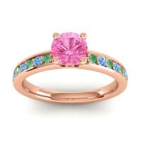 Pink Tourmaline Ring In 18K Rose Gold With Emerald And Swiss Blue Topaz Asada-Pave Round Classic Ring