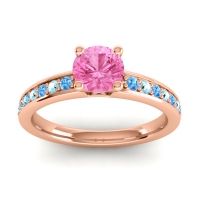 Pink Tourmaline Ring In 14K Rose Gold With Swiss Blue Topaz And Aquamarine Asada-Pave Round Classic Ring