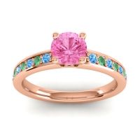 Pink Tourmaline Ring In 14K Rose Gold With Swiss Blue Topaz And Emerald Asada-Pave Round Classic Ring