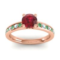 Ruby Ring In 18K Rose Gold With Emerald And Aquamarine Asada-Pave Round Classic Ring