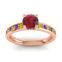 Ruby Ring In 18K Rose Gold With Peridot And Amethyst Asada-Pave Round Classic Ring