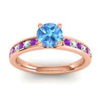 Swiss Blue Topaz Ring In 18K Rose Gold With Amethyst And Aquamarine Asada-Pave Round Classic Ring