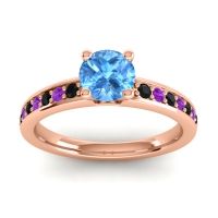Swiss Blue Topaz Ring In 18K Rose Gold With Black Onyx And Amethyst Asada-Pave Round Classic Ring