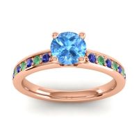 Swiss Blue Topaz Ring In 14K Rose Gold With Blue Sapphire And Emerald Asada-Pave Round Classic Ring