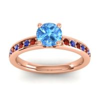Swiss Blue Topaz Ring In 18K Rose Gold With Garnet And Blue Sapphire Asada-Pave Round Classic Ring