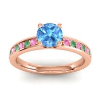 Swiss Blue Topaz Ring In 18K Rose Gold With Pink Tourmaline And Emerald Asada-Pave Round Classic Ring