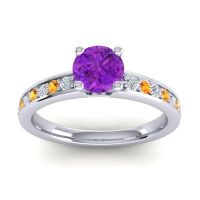Amethyst Ring In 14k White Gold With Lab Diamond And Citrine Asada-Pave Round Classic Ring