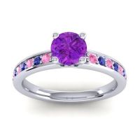 Amethyst Ring In 18k White Gold With Pink Tourmaline And Blue Sapphire Asada-Pave Round Classic Ring