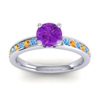 Amethyst Ring In 18k White Gold With Swiss Blue Topaz And Citrine Asada-Pave Round Classic Ring