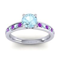 Aquamarine Ring In 18k White Gold With Amethyst Asada-Pave Round Classic Ring