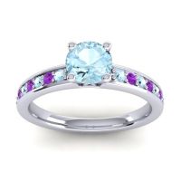 Aquamarine Ring In Platinum With Amethyst Asada-Pave Round Classic Ring