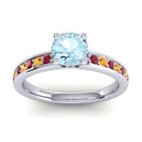 Aquamarine Ring In 14k White Gold With Ruby And Citrine Asada-Pave Round Classic Ring
