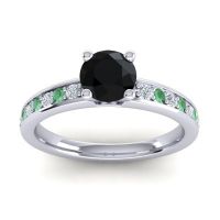 Black Onyx Ring In 14k White Gold With Diamond And Emerald Asada-Pave Round Classic Ring