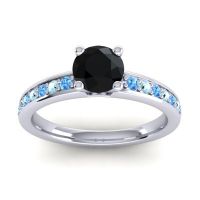 Black Onyx Ring In 18k White Gold With Swiss Blue Topaz And Aquamarine Asada-Pave Round Classic Ring