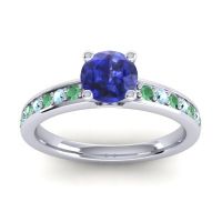 Blue Sapphire Ring In Platinum With Emerald And Aquamarine Asada-Pave Round Classic Ring