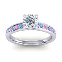 Lab Diamond Ring In Platinum With Swiss Blue Topaz And Pink Tourmaline Asada-Pave Round Classic Ring