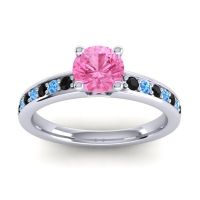 Pink Tourmaline Ring In 14k White Gold With Black Onyx And Swiss Blue Topaz Asada-Pave Round Classic Ring