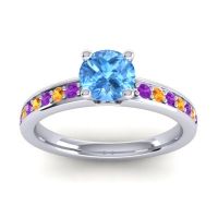 Swiss Blue Topaz Ring In 18k White Gold With Amethyst And Citrine Asada-Pave Round Classic Ring