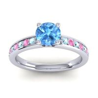 Swiss Blue Topaz Ring In 18k White Gold With Aquamarine And Pink Tourmaline Asada-Pave Round Classic Ring