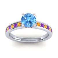 Swiss Blue Topaz Ring In 18k White Gold With Citrine And Amethyst Asada-Pave Round Classic Ring