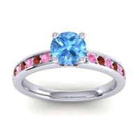 Swiss Blue Topaz Ring In 18k White Gold With Pink Tourmaline And Garnet Asada-Pave Round Classic Ring